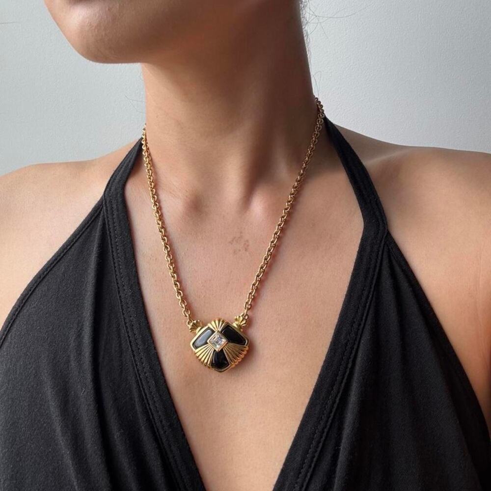 Vintage Gold & black sunburst pendant necklace with gold chain